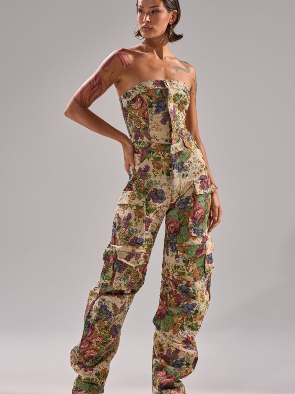 AKIRA In her element floral woven Tapestry Strapless Jumpsuit Sz‎ L NEW